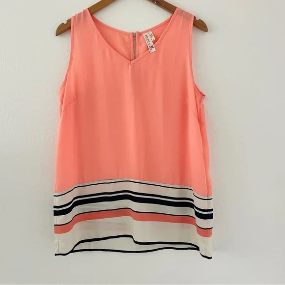 Pink Owl Coral Orange Pink Striped Tissue V-Neck Tank Top - Picture 1 of 3
